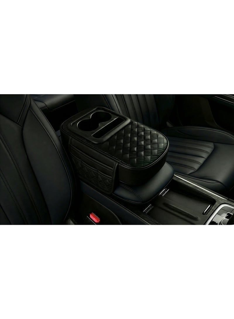 general Leather car armrest with cup holder and pockets for small items, padded design, - black - Image 1